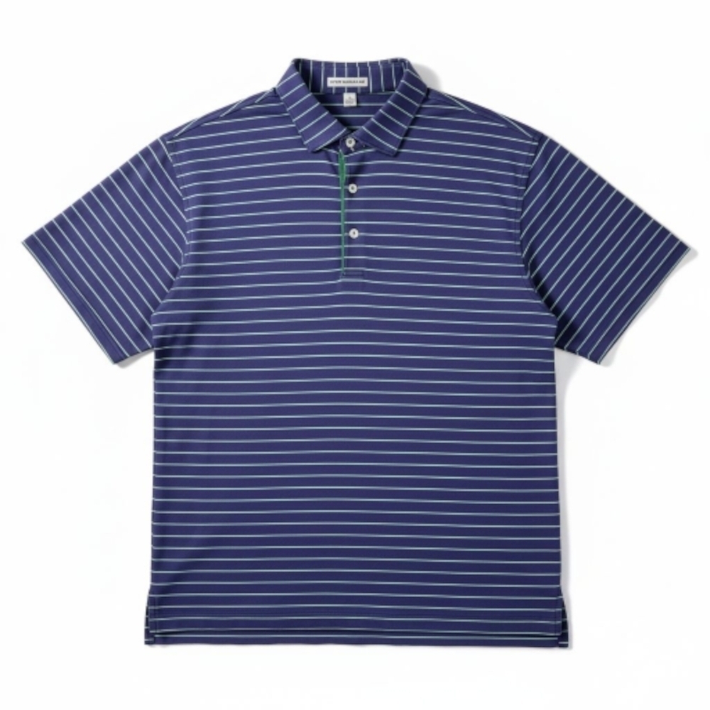 Peter Millar Polo Shirt Men L Large Navy Striped Side Slits Short Sleeve Cotton